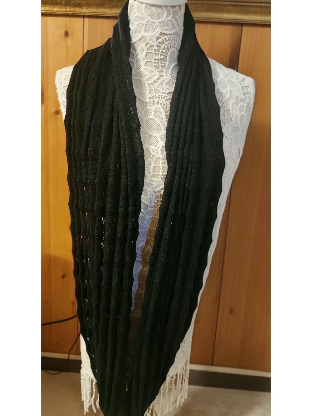 Echo Black Open Knit Textured Ribbed Continuous Infinity Scarf